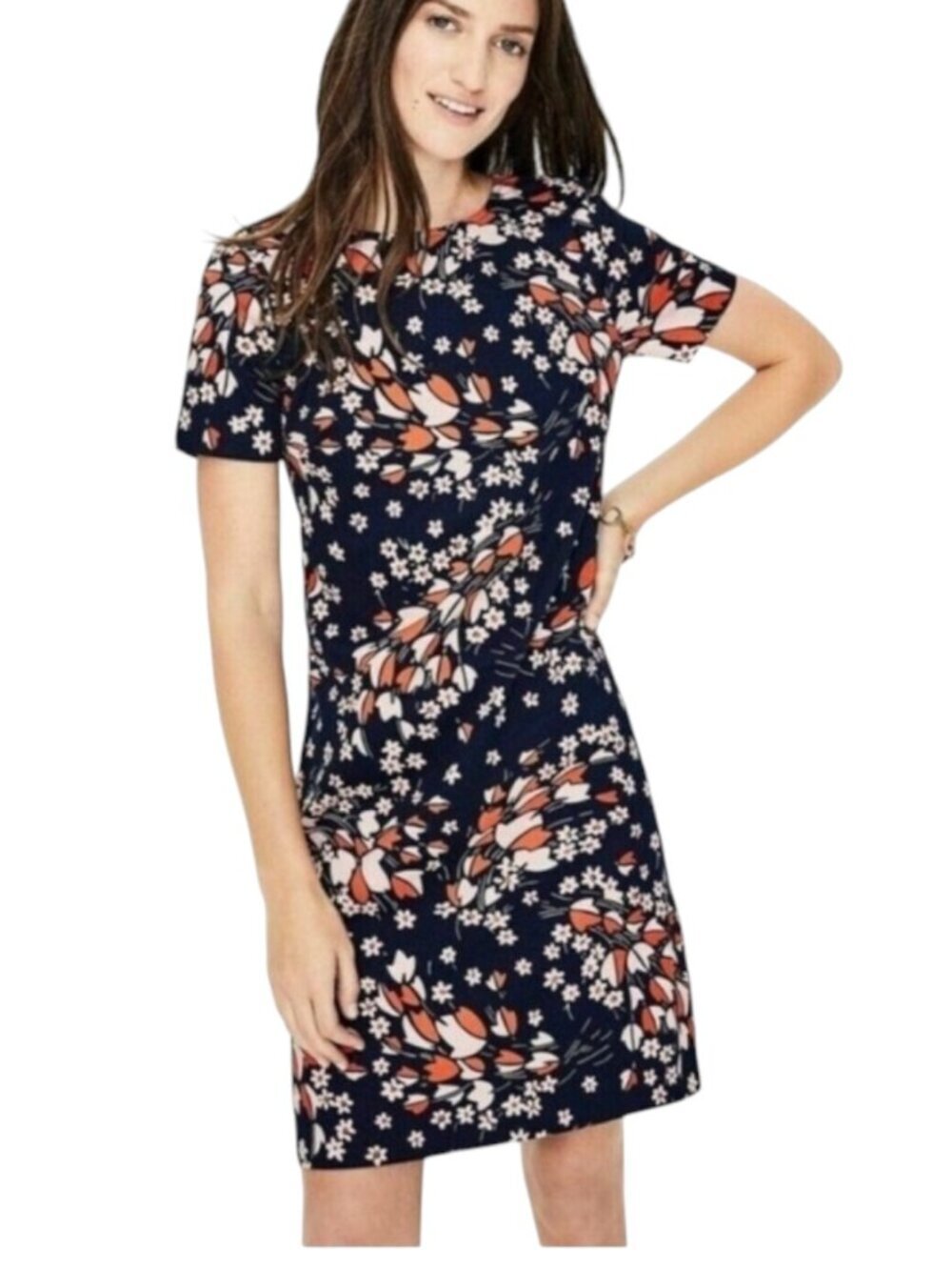 Boden Harriet Navy Orange Floral Short Sleeve Shift Dress